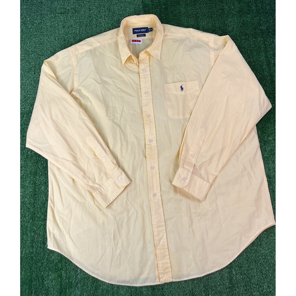 Polo Golf Ralph Lauren Mens XXL Yellow White Pinstripe Cotton Button Down Shirt
